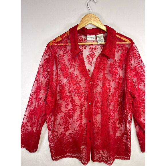 Vintage White Stag Womens Red Sheer Lace Blouse Long Sleeve Top 22w/24w - Picture 3 of 9
